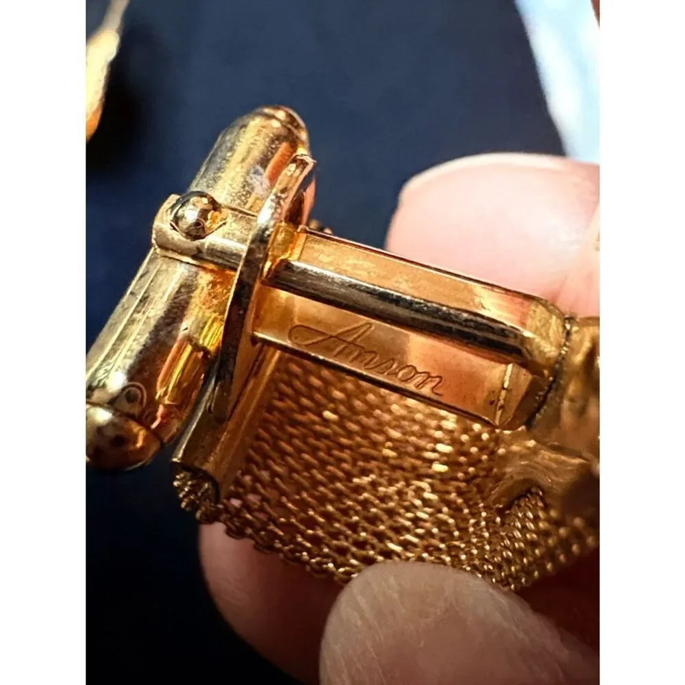 Vintage Anson Gold Tone Mesh Cufflinks Diamond Accent Wrap Style Mid century